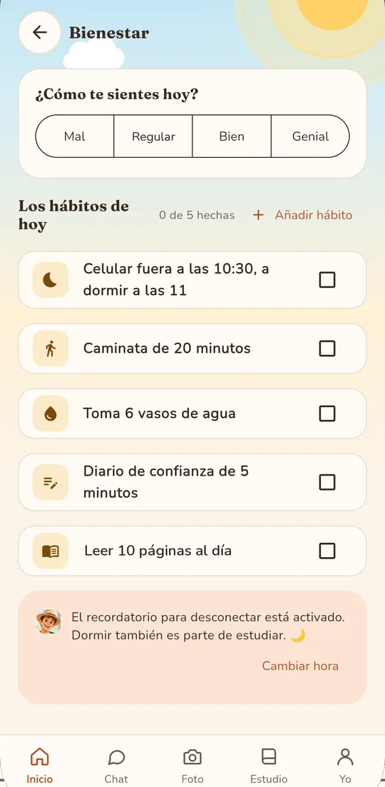 Pantalla de hábitos con rachas diarias y registro de ánimo