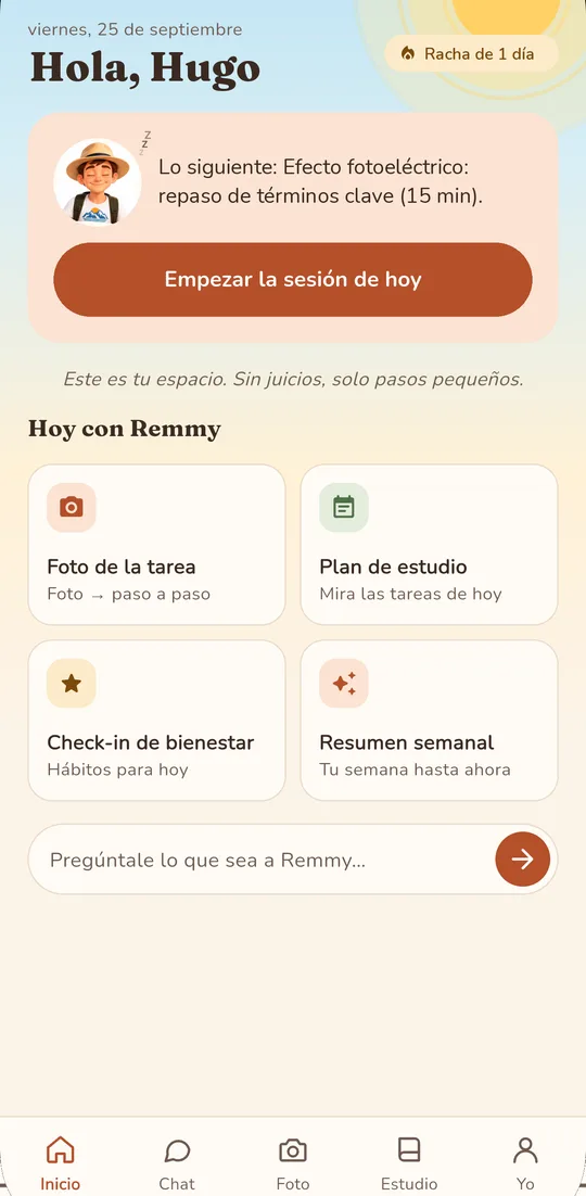 Pantalla de inicio de Remmy con el plan de hoy y el botón de chat